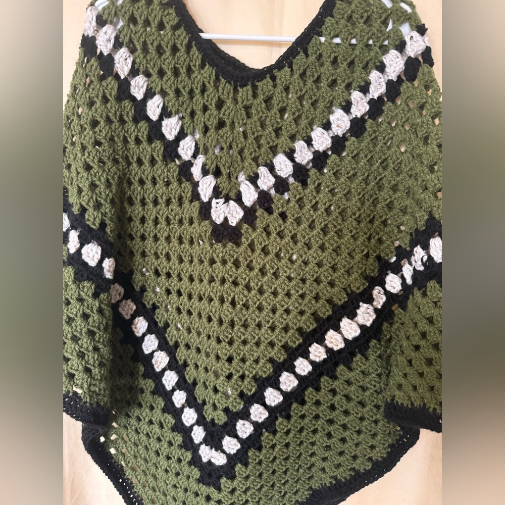 Crochet Poncho, Women’s size Large Handmade Army Green Color Crochet Poncho - Picture 2 of 6